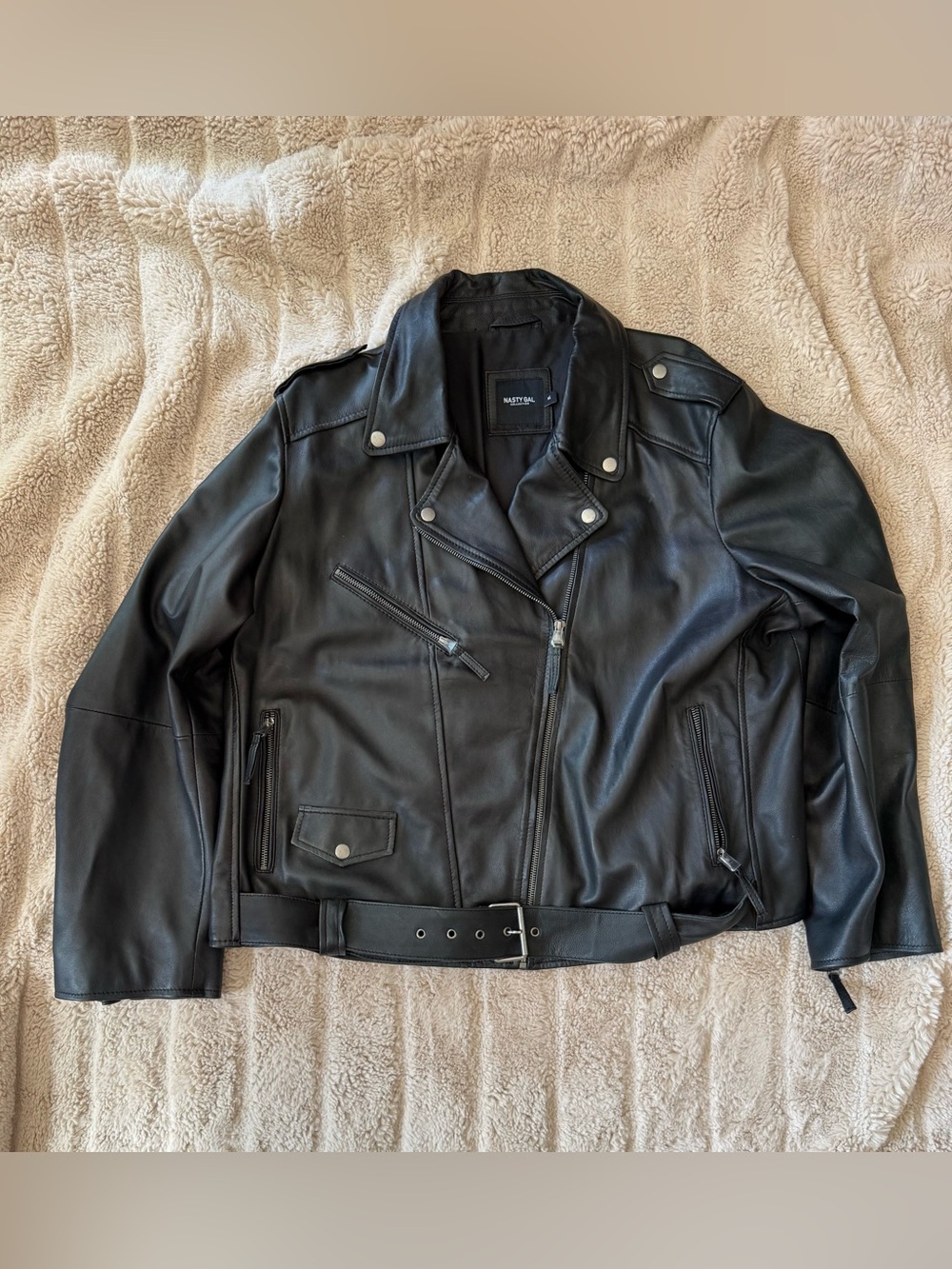 Nasty Gal Black Faux-Leather Moto Jacket with Belt